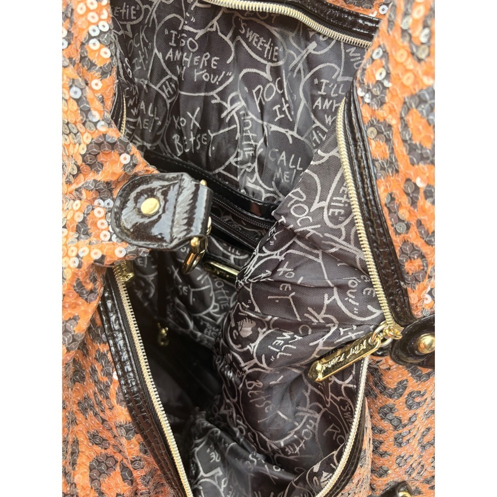 Betsey Johnson Leopard Print Sequin Shoulder Bag Black Patent Trim Gold Hardware - Picture 12 of 15